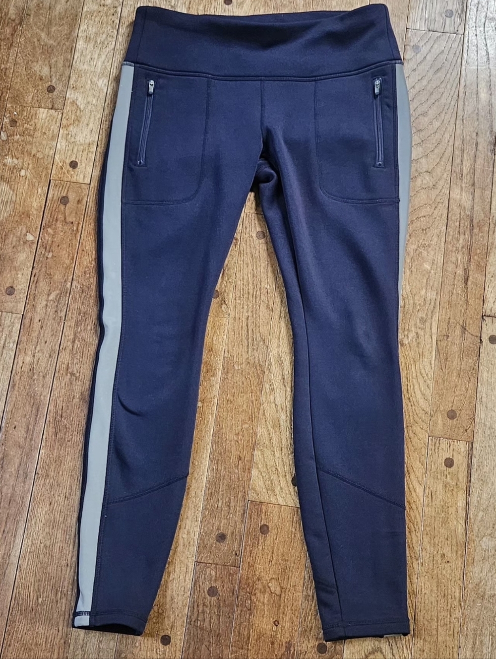 Athleta Navy Blue Fleece Lined Leggings with Reflective Gray Side Stripe Size MP